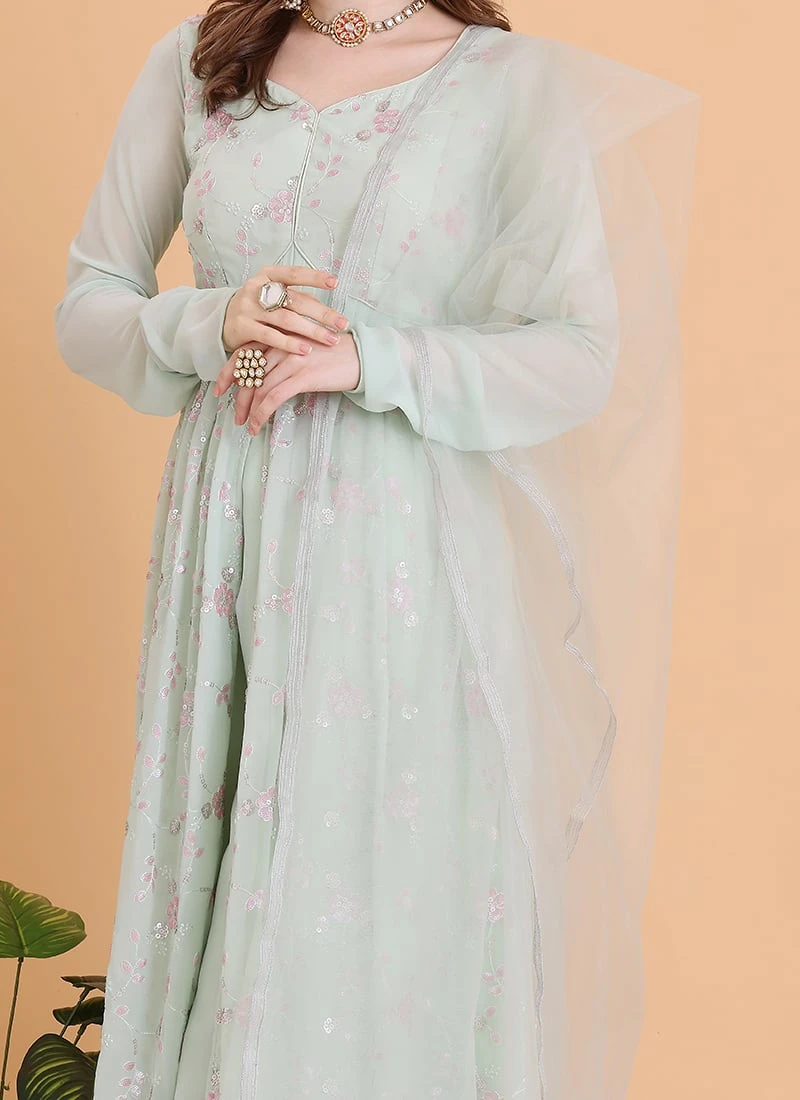 Top From Green Georgette Embroidered Palazzo Suit After Six Wear 1 Top From Green Georgette Embroidered Palazzo Suit After Six Wear