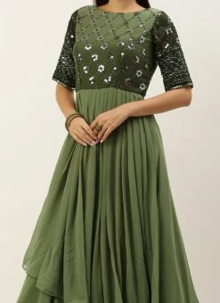 Green Georgette Sequins Embroidery Gown Festive Wear