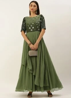 Green Georgette Sequins Embroidery Gown Festive Wear 10 Green Georgette Sequins Embroidery Gown Festive Wear -Deals Chic Lehenga Store Green Georgette Sequins Embroidery Gown IWBS02301765 u