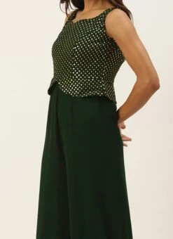 Green Georgette Sequins Jumpsuit Festive Wear