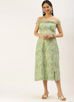 Green Muslin Off Shoulder Dress Festive Wear -Deals Chic Lehenga Store Green Muslin Off Shoulder Dress DRBS02208479 u