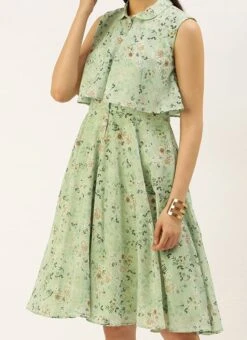 Green Muslin Printed Mini Dress Party Wear