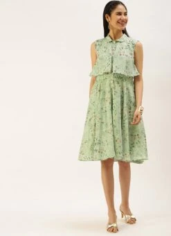 Green Muslin Printed Mini Dress Party Wear -Deals Chic Lehenga Store Green Muslin Printed Mini Dress DRBS02208445 u