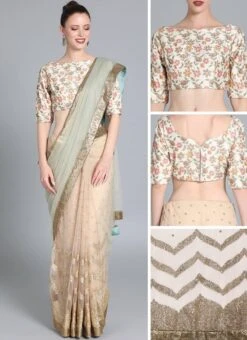 Green N Cream Embroiderd Half N Half Saree Wedding Wear -Deals Chic Lehenga Store Green N Cream Embroiderd Half N Half Saree SABS01911776 gl