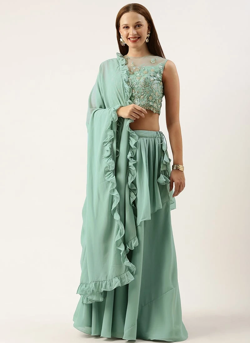 Dupatta From Green N Light Blue Net Embroidered Lehenga After Six Wear 3 Dupatta From Green N Light Blue Net Embroidered Lehenga After Six Wear - Image 3