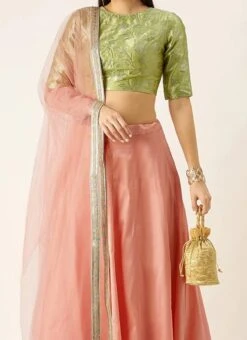 Green N Peach Taffeta Kali Lehenga Festive Wear