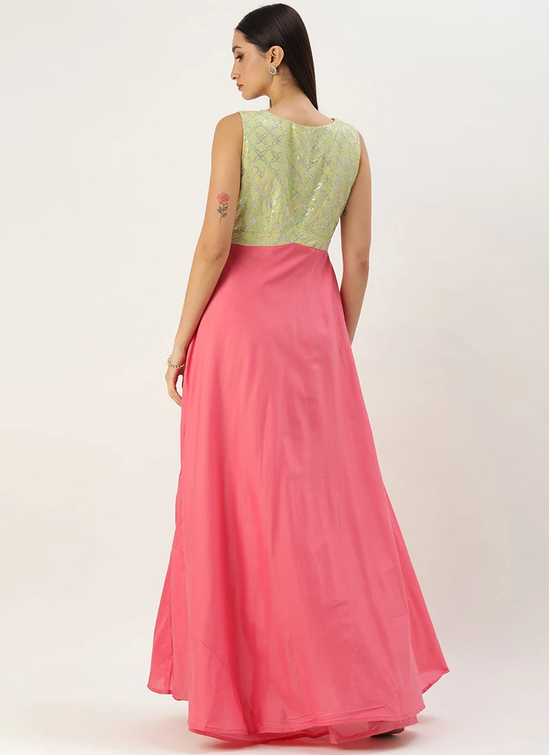 Green N Pink Cotton Sequins Embroidery Maxi Dress Festive Wear 4 Green N Pink Cotton Sequins Embroidery Maxi Dress Festive Wear - Image 4