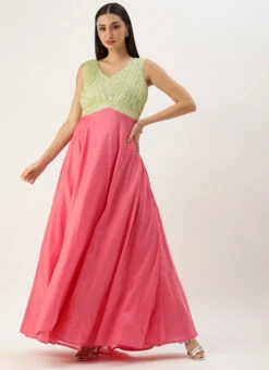 Green N Pink Cotton Sequins Embroidery Maxi Dress Festive Wear 10 Green N Pink Cotton Sequins Embroidery Maxi Dress Festive Wear -Deals Chic Lehenga Store Green N Pink Cotton Sequins Embroidery Maxi Dress DRBS02212595 u