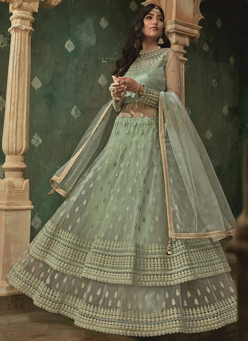 Green Net Long Choli A Line Lehenga Wedding Wear 3 Green Net Long Choli A Line Lehenga Wedding Wear - Image 3