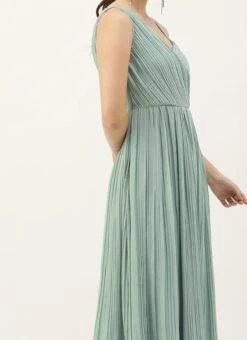 Green Pleated Georgette Gown N Embroidered Jacket Party Wear