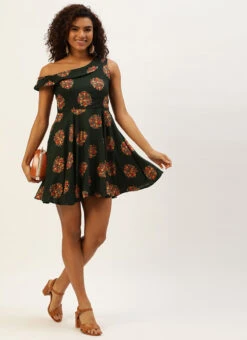 Green Printed One Shoulder Dress After Six Wear -Deals Chic Lehenga Store Green Printed One Shoulder Dress DRBS02205962 u