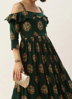 Green Rayon Printed Strap Neckline Dress After Six Wear