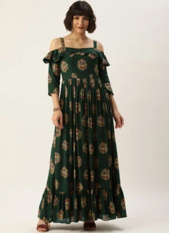 Green Rayon Printed Strap Neckline Dress After Six Wear -Deals Chic Lehenga Store Green Rayon Printed Strap Neckline Dress DRBS02204727 u