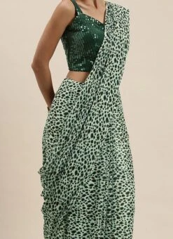 Green Sequins Blouse N Cream Printed Saree Party Wear