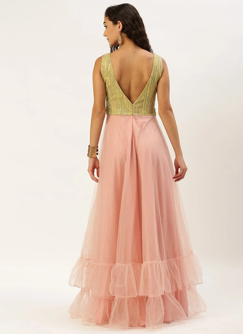 Green Sequins Embroidered N Peach Net Gown Festive Wear 4 Green Sequins Embroidered N Peach Net Gown Festive Wear - Image 4
