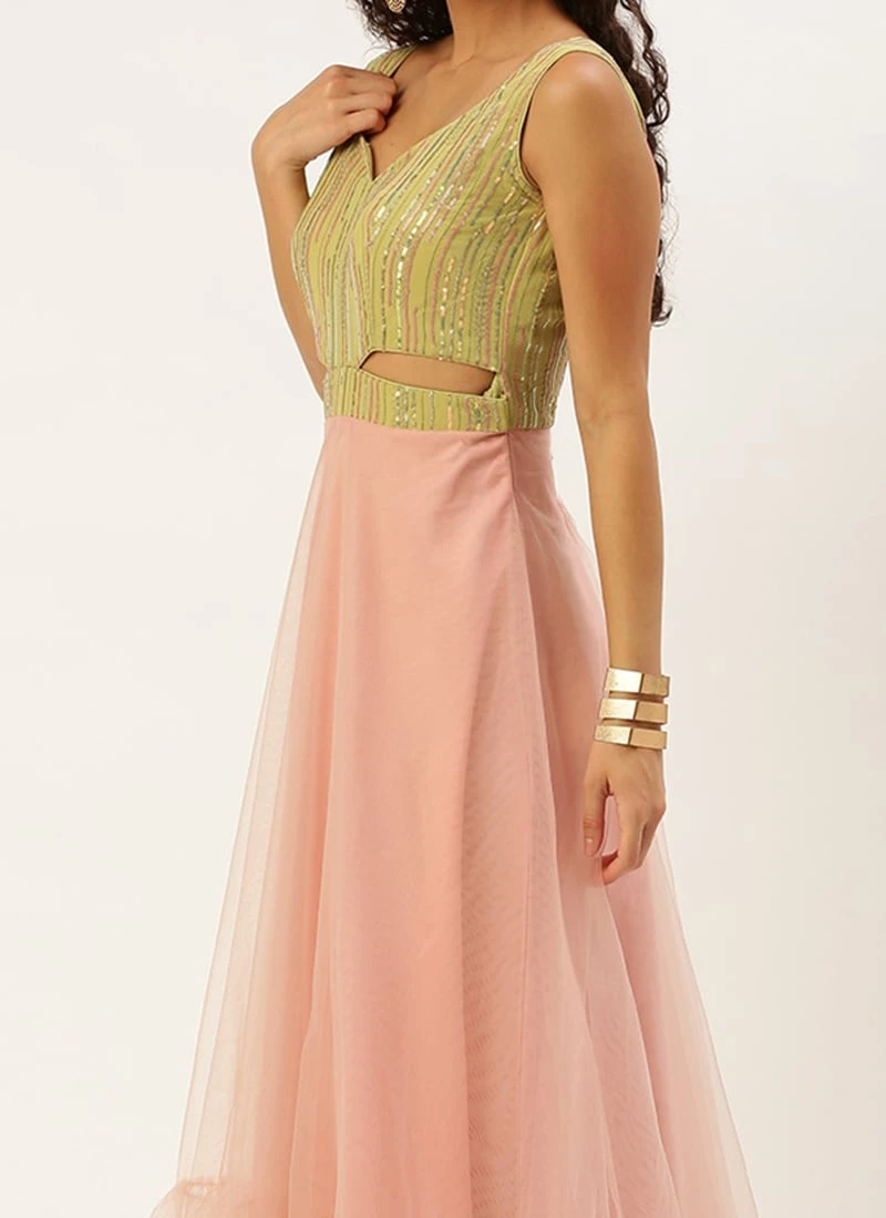 Green Sequins Embroidered N Peach Net Gown Festive Wear 1 Green Sequins Embroidered N Peach Net Gown Festive Wear
