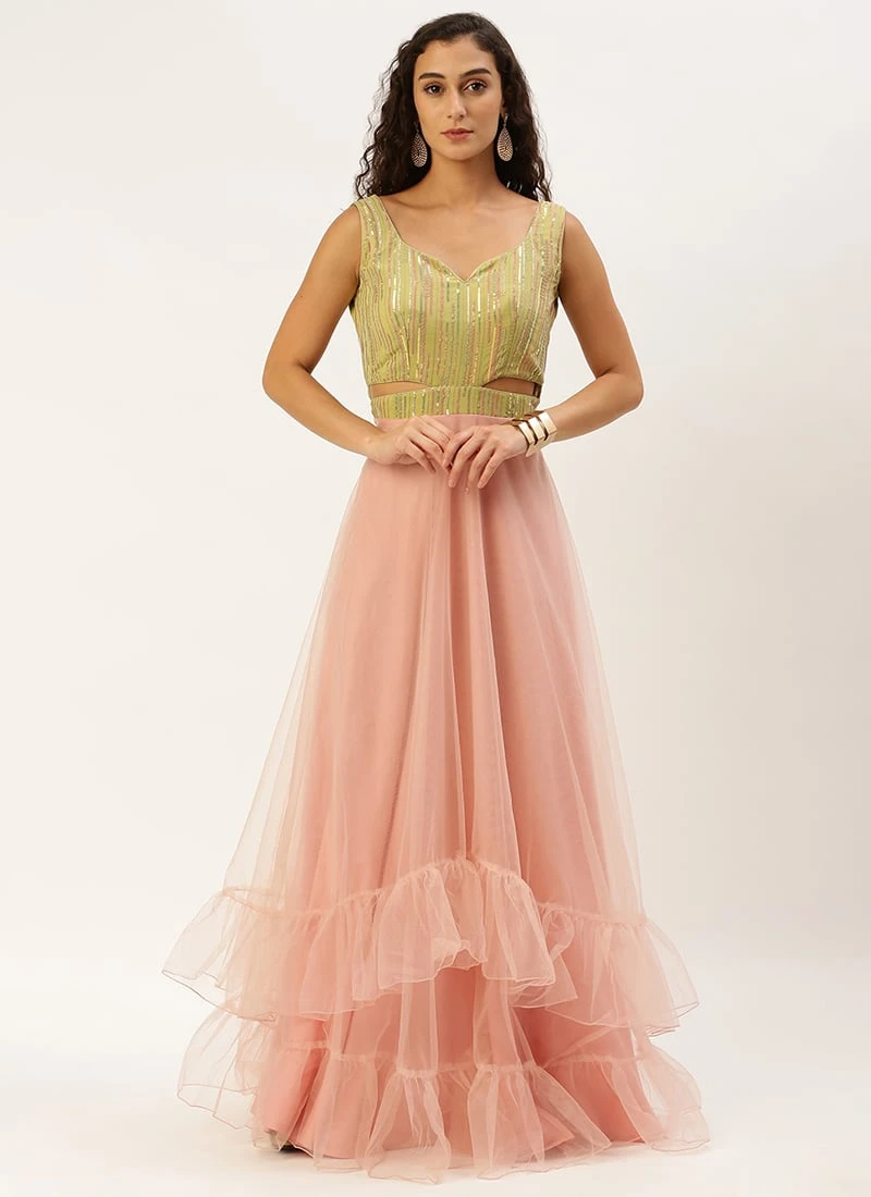 Green Sequins Embroidered N Peach Net Gown Festive Wear 3 Green Sequins Embroidered N Peach Net Gown Festive Wear - Image 3