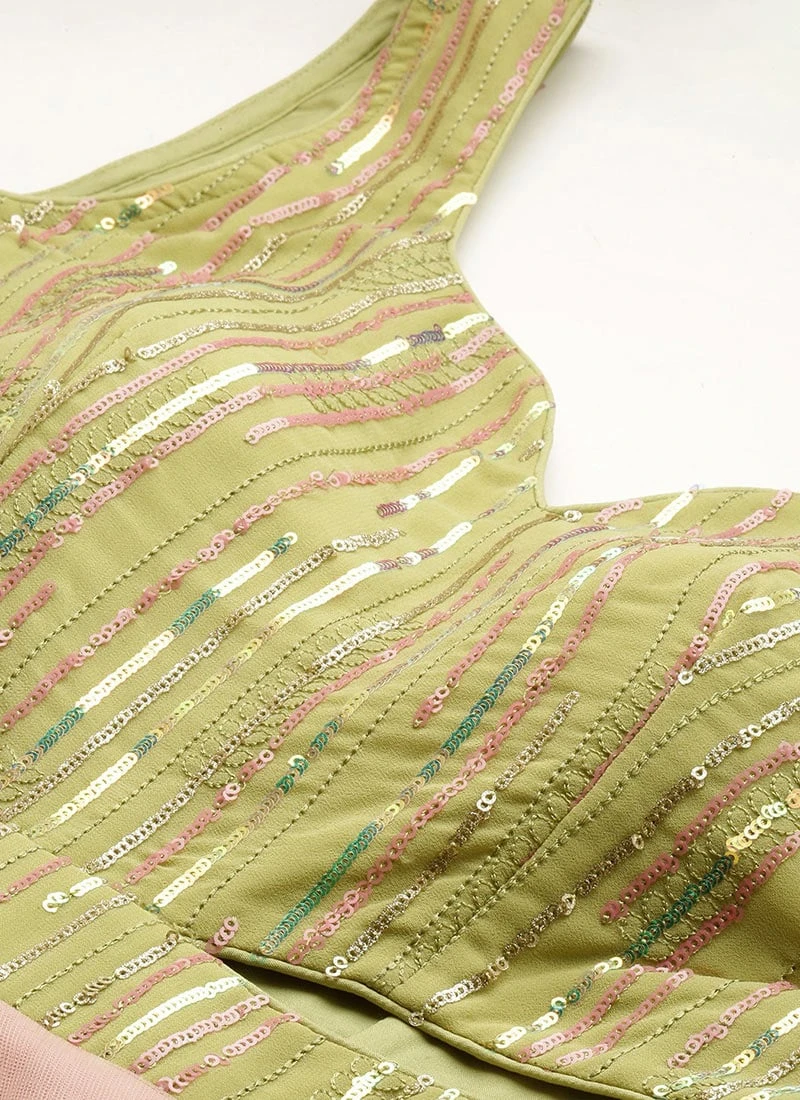 Green Sequins Embroidered N Peach Net Gown Festive Wear 5 Green Sequins Embroidered N Peach Net Gown Festive Wear - Image 5