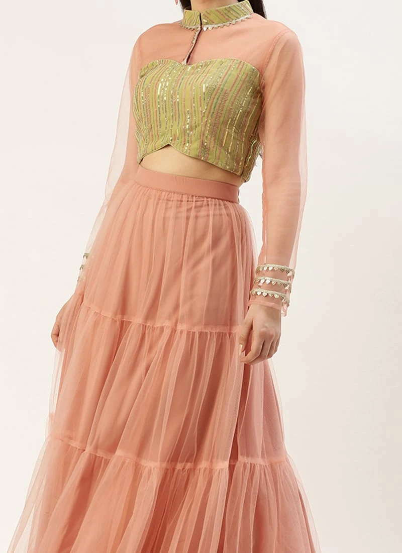 Skirt From Green Sequins Embroidered Tiered Lehenga Set After Six Wear 1 Skirt From Green Sequins Embroidered Tiered Lehenga Set After Six Wear