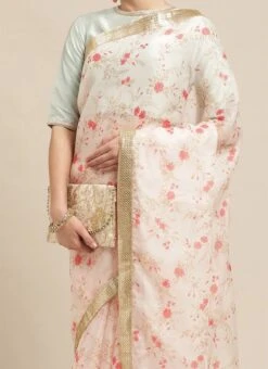 Green And Off White Floral Organza Saree Festive Wear