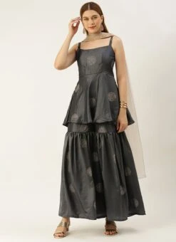 Bottom From Grey Art Silk Foil Print Gharara Set After Six Wear -Deals Chic Lehenga Store Grey Art Silk Foil Print Gharara Set SLBS02301113 u 1