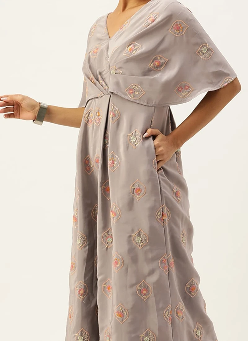 Grey Embroidered French Crepe Jumpsuit Festive Wear 1 Grey Embroidered French Crepe Jumpsuit Festive Wear