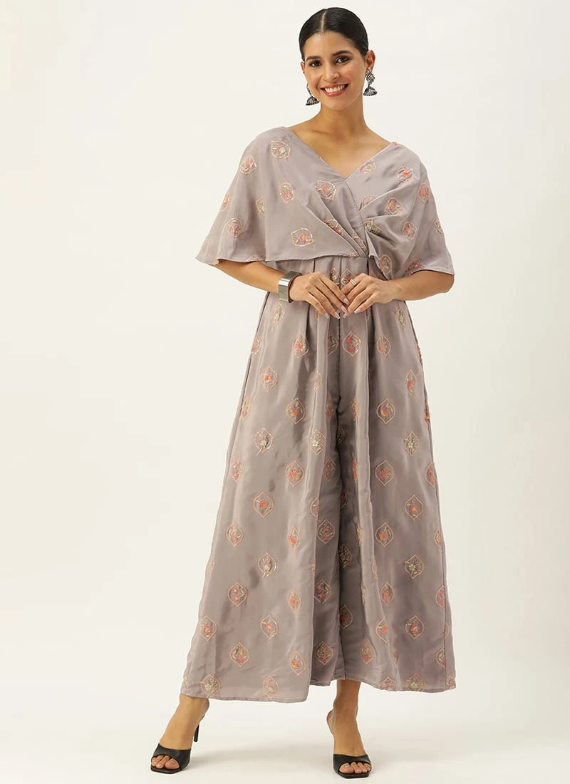 Grey Embroidered French Crepe Jumpsuit Festive Wear 3 Grey Embroidered French Crepe Jumpsuit Festive Wear - Image 3