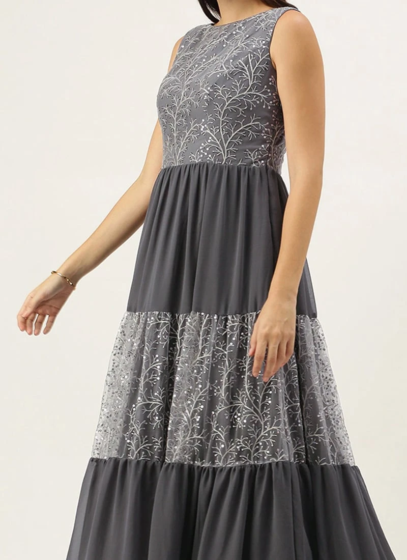 Grey Embroidered Net Tiered Gown Festive Wear 1 Grey Embroidered Net Tiered Gown Festive Wear