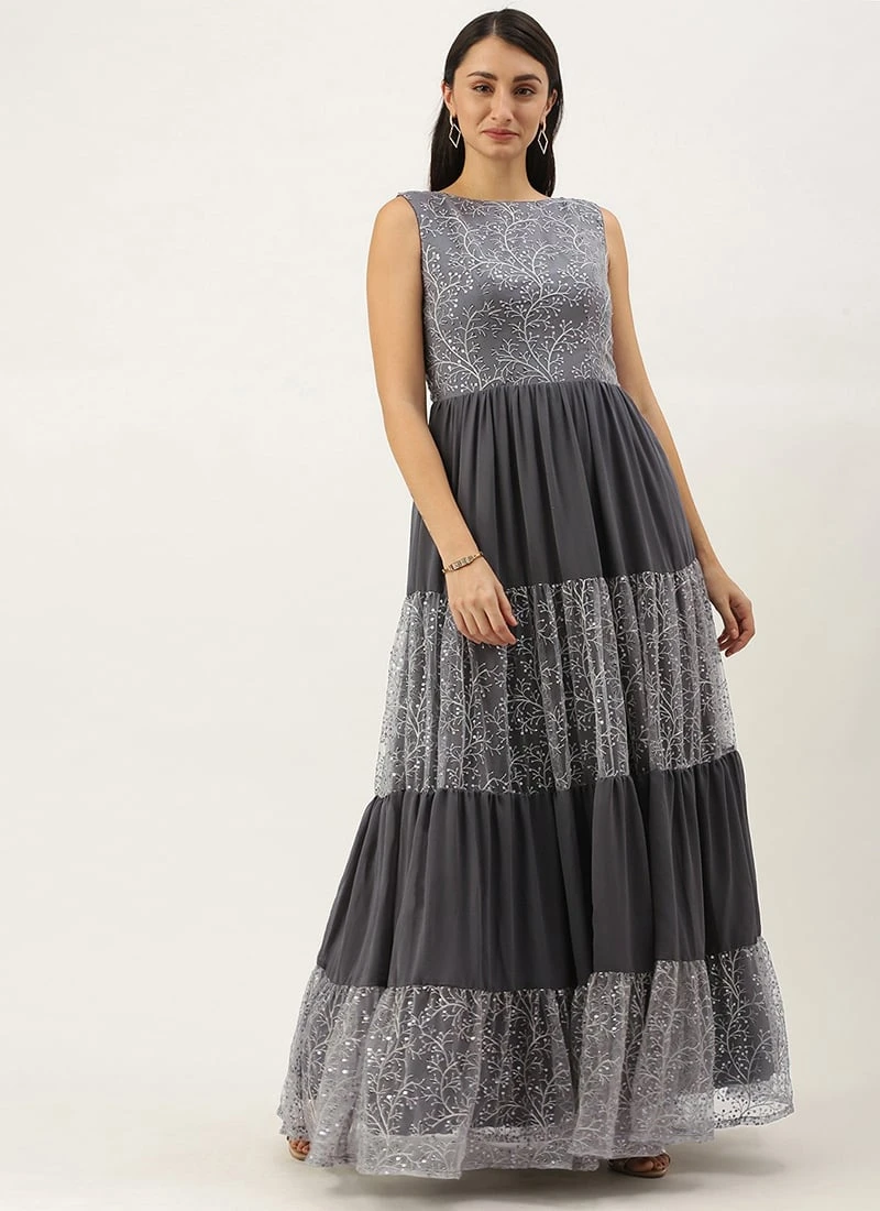 Grey Embroidered Net Tiered Gown Festive Wear 3 Grey Embroidered Net Tiered Gown Festive Wear - Image 3