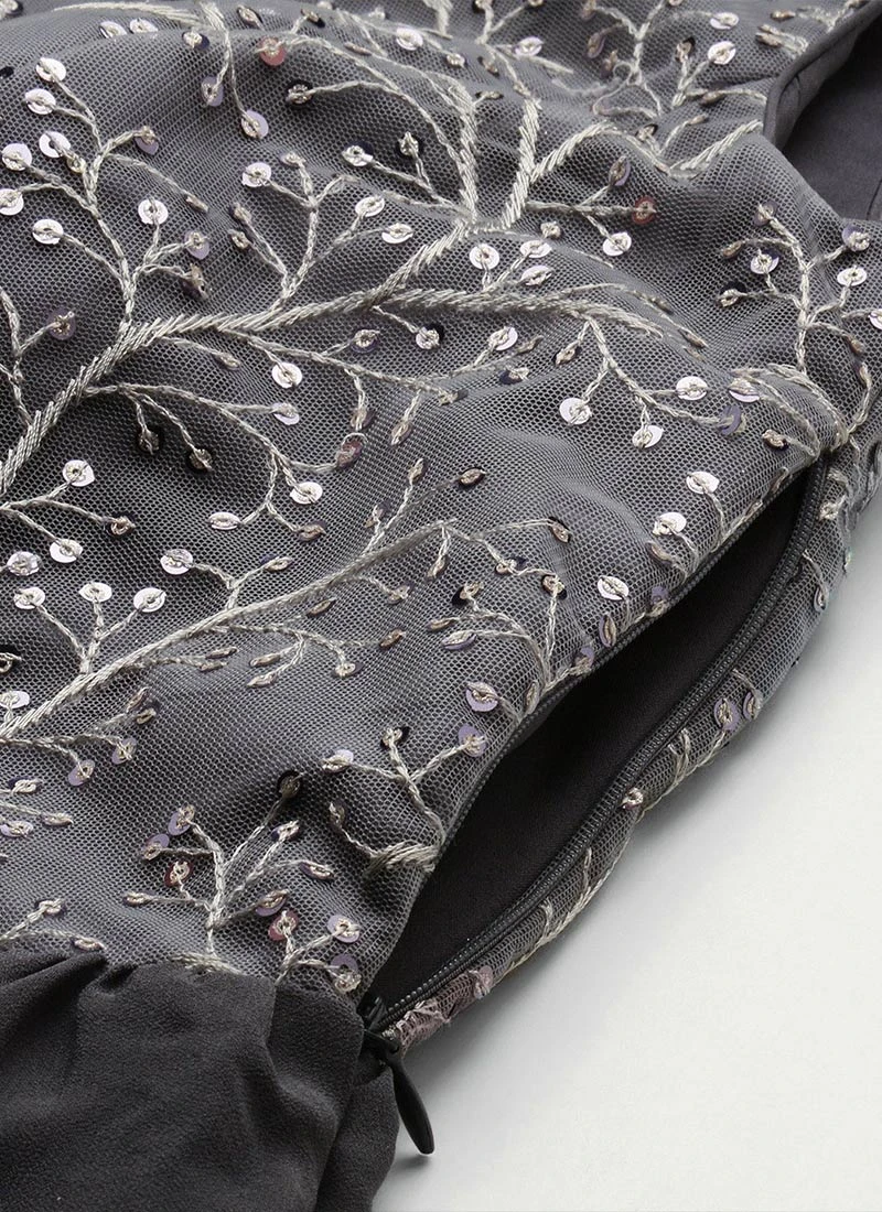 Grey Embroidered Net Tiered Gown Festive Wear 6 Grey Embroidered Net Tiered Gown Festive Wear - Image 6
