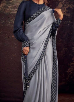 Grey Faux Crepe Embroidered Saree Party Wear