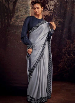 Grey Faux Crepe Embroidered Saree Party Wear -Deals Chic Lehenga Store Grey Faux Crepe Embroidered Saree SASLI21375265 u