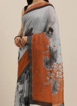 Grey Linen Cotton Saree Festive Wear