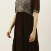 Grey Modal N Brown Geogette Gathers Dress Party Wear