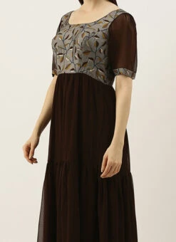 Grey Modal N Brown Geogette Gathers Dress Party Wear