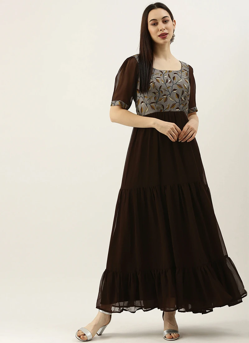 Grey Modal N Brown Geogette Gathers Dress Party Wear 3 Grey Modal N Brown Geogette Gathers Dress Party Wear - Image 3