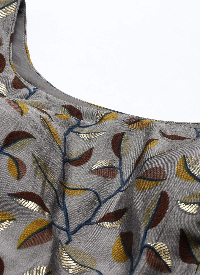 Grey Modal N Brown Geogette Gathers Dress Party Wear 5 Grey Modal N Brown Geogette Gathers Dress Party Wear - Image 5