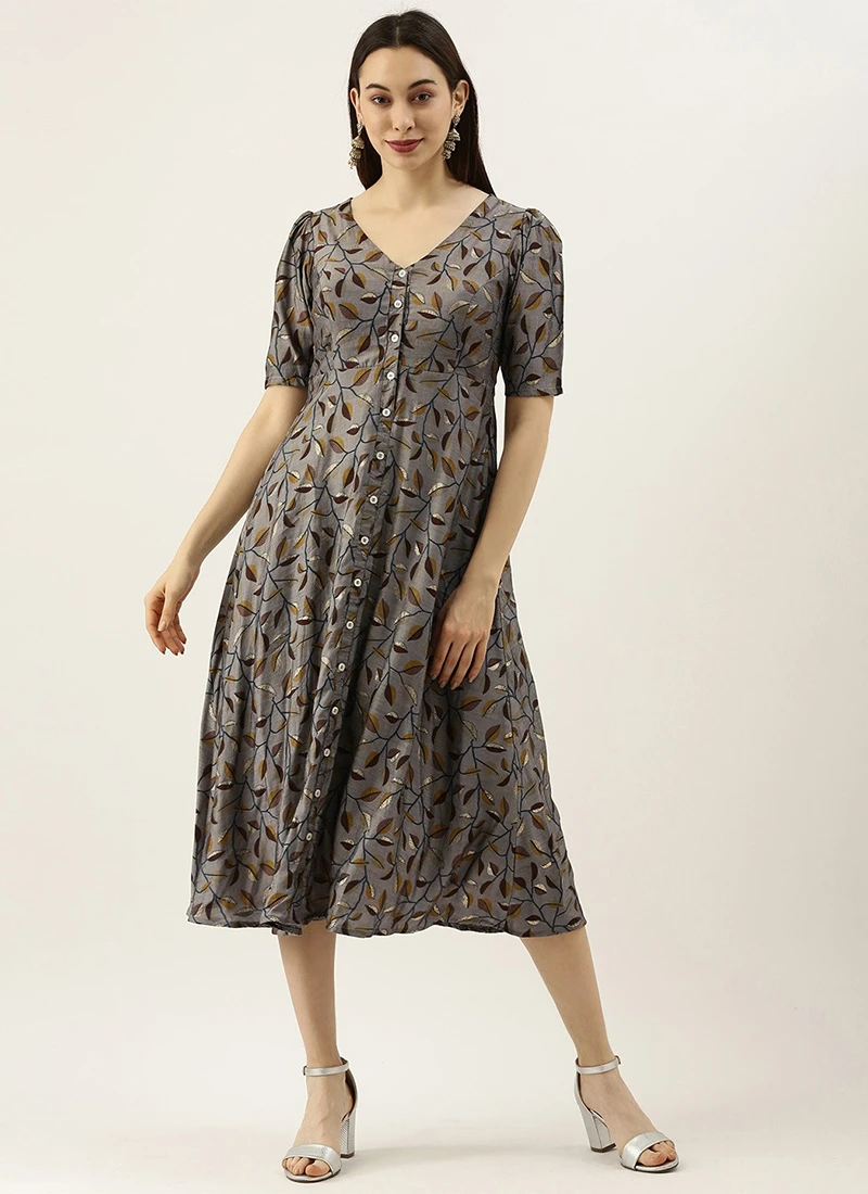 Grey Modal Silk Printed A Line Dress After Six Wear 3 Grey Modal Silk Printed A Line Dress After Six Wear - Image 3