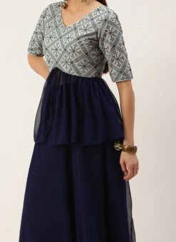 Grey N Blue Long Choli Lehenga Set Festive Wear