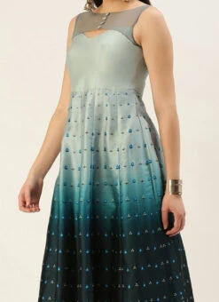 Grey N Blue Taffeta Printed Anarkali Suit Festive Wear