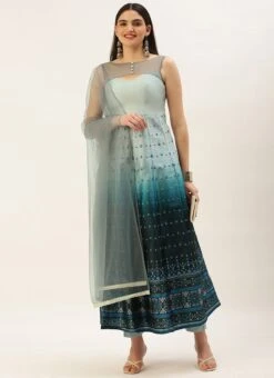 Grey N Blue Taffeta Printed Anarkali Suit Festive Wear -Deals Chic Lehenga Store Grey N Blue Taffeta Printed Anarkali Suit SLBS02208499 u