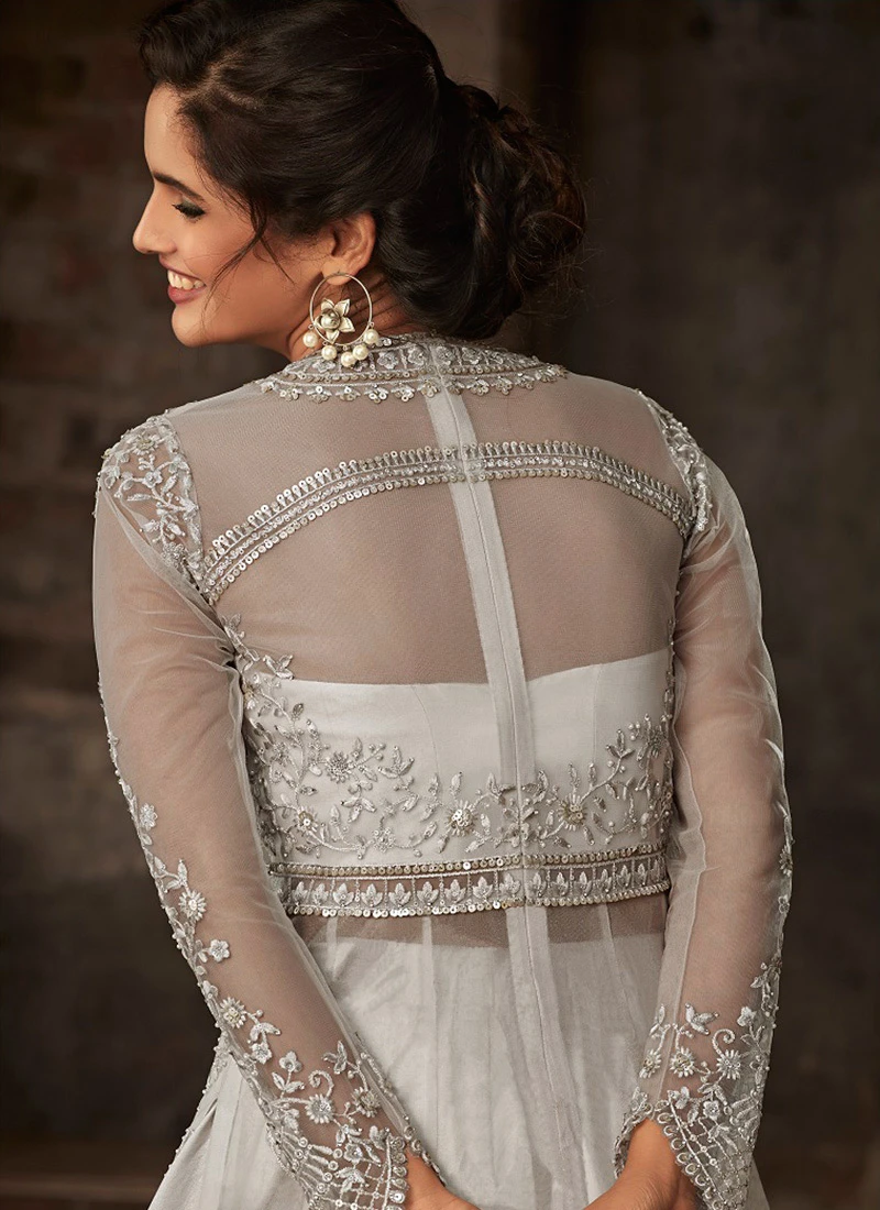 Grey Net Anarkali Abya Style Suit Wedding Wear 4 Grey Net Anarkali Abya Style Suit Wedding Wear - Image 4