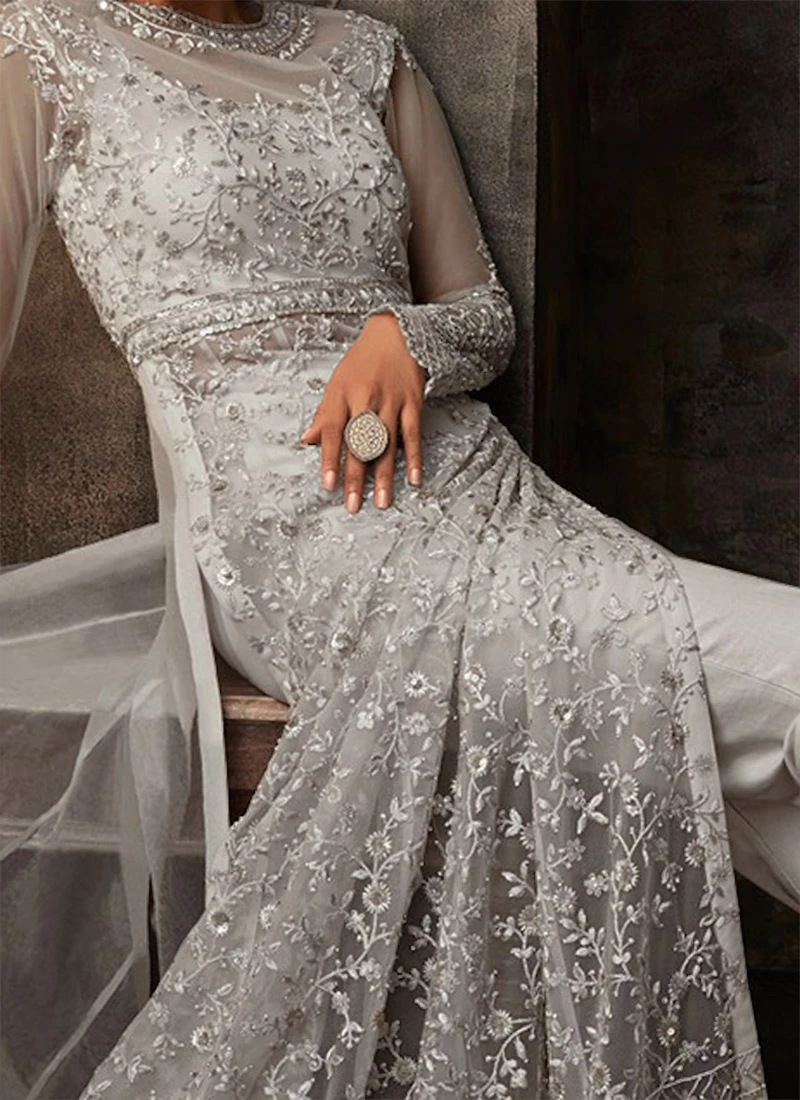 Grey Net Anarkali Abya Style Suit Wedding Wear 1 Grey Net Anarkali Abya Style Suit Wedding Wear