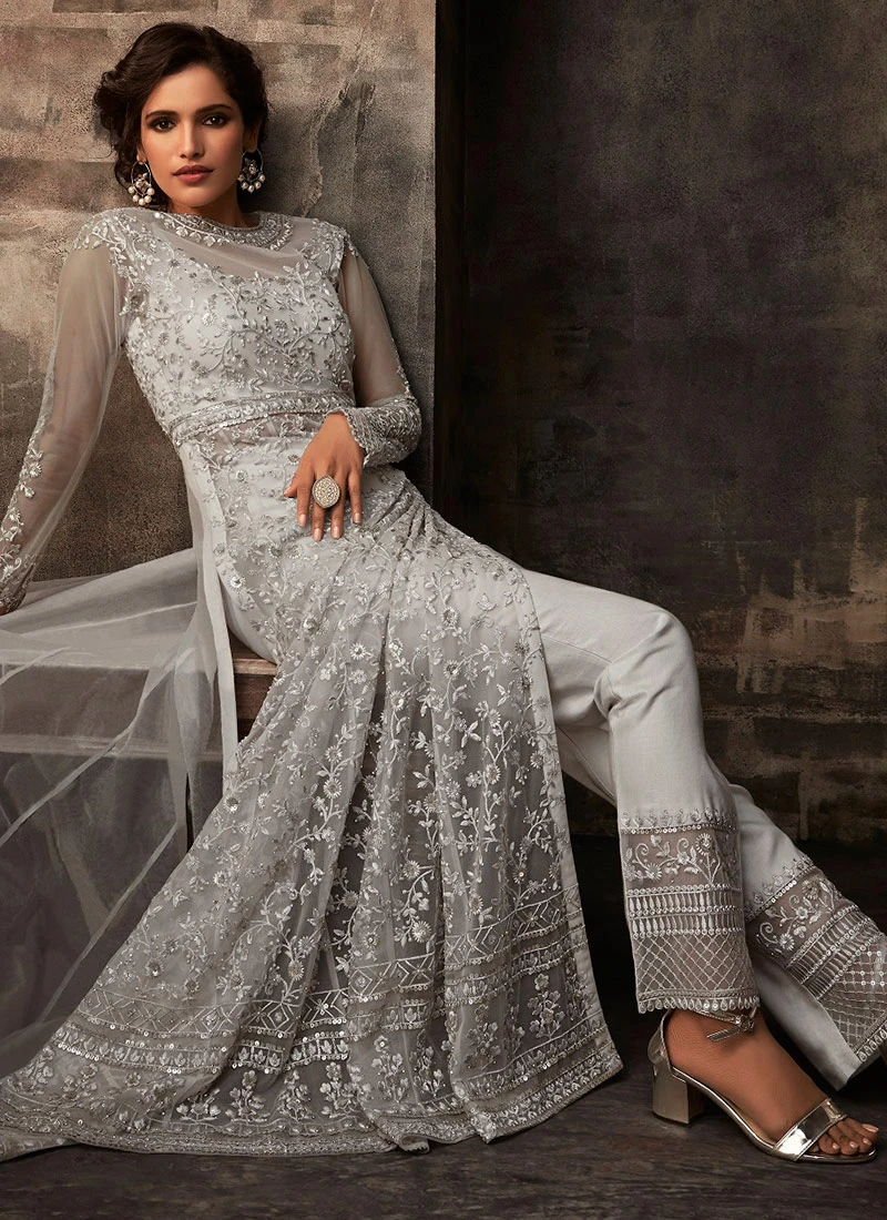 Grey Net Anarkali Abya Style Suit Wedding Wear 3 Grey Net Anarkali Abya Style Suit Wedding Wear - Image 3