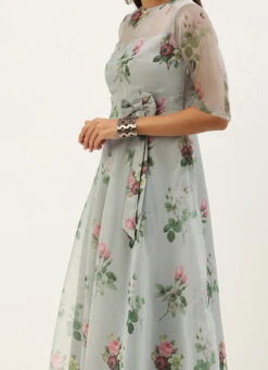 Grey Organza Digital Printed Dress Party Wear
