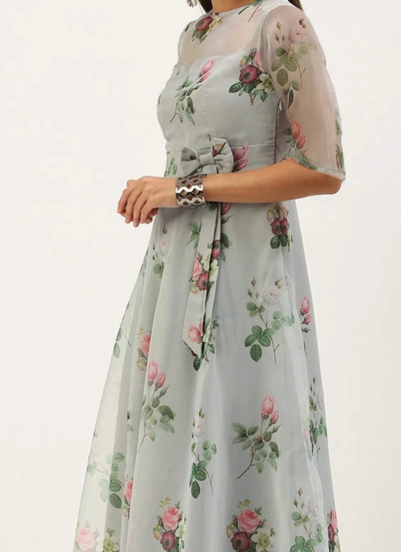 Grey Organza Digital Printed Dress Party Wear 1 Grey Organza Digital Printed Dress Party Wear