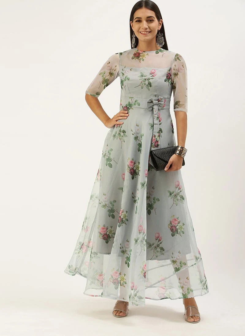 Grey Organza Digital Printed Dress Party Wear 3 Grey Organza Digital Printed Dress Party Wear - Image 3