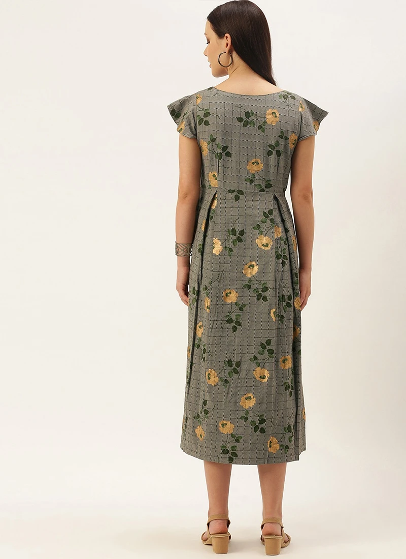 Grey Printed Rayon Calf Length Dress Work Wear 4 Grey Printed Rayon Calf Length Dress Work Wear - Image 4