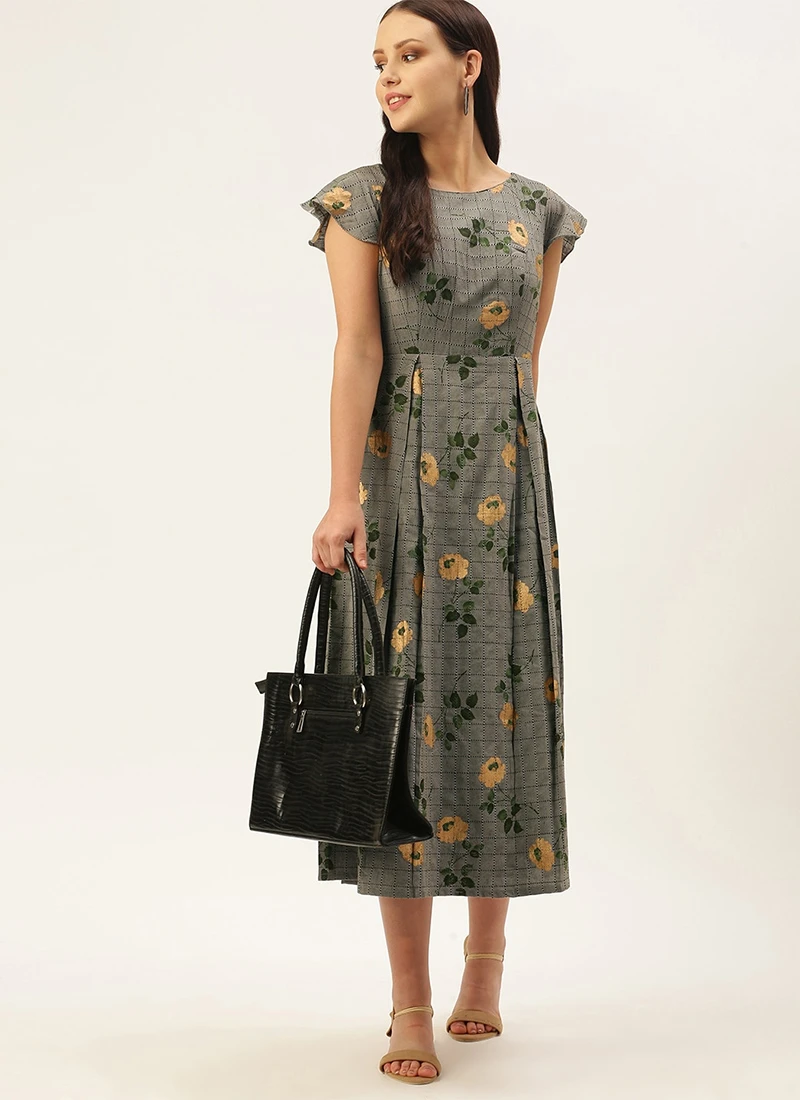 Grey Printed Rayon Calf Length Dress Work Wear 3 Grey Printed Rayon Calf Length Dress Work Wear - Image 3