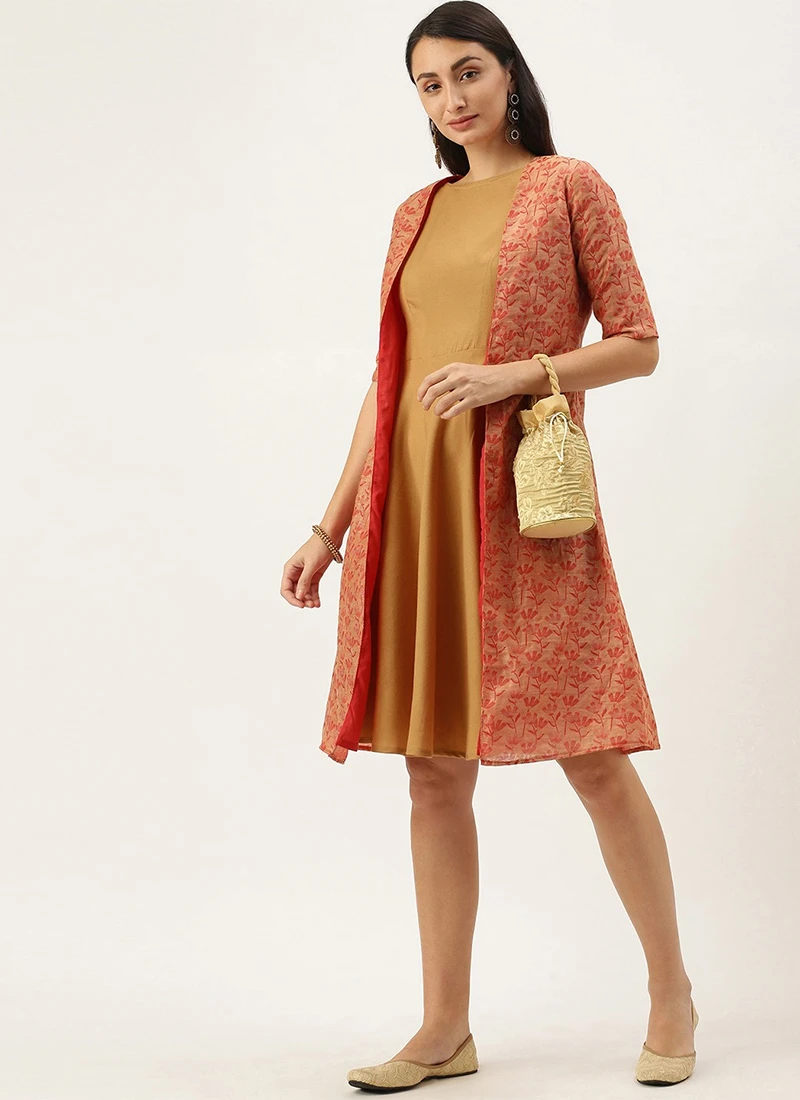 Grey Rayon Boat Neck Dress With Red Chanderi Jacket After Six Wear 3 Grey Rayon Boat Neck Dress With Red Chanderi Jacket After Six Wear - Image 3